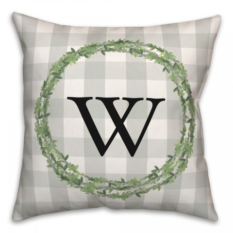Monogram Greenery Wreath on Check Personalized 18 x 18 Indoor / Outdoor Pillow