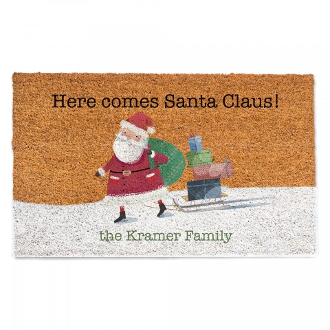 Here Comes Sledding Santa Personalized 30 x 18 Door Mat