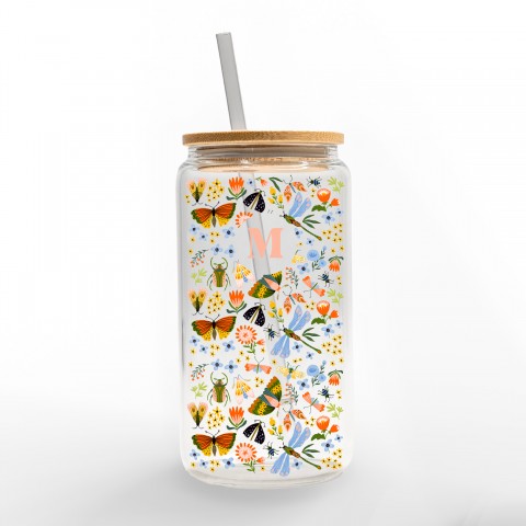 Bugs and Botanicals Monogram Personalized 3 x 5.8 Glass Can Cup