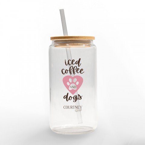 Iced Coffee and Dogs Personalized 3 x 5.8 Glass Can Cup