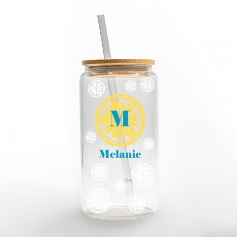 Lemon Monogram Personalized 3 x 5.8 Glass Can Cup