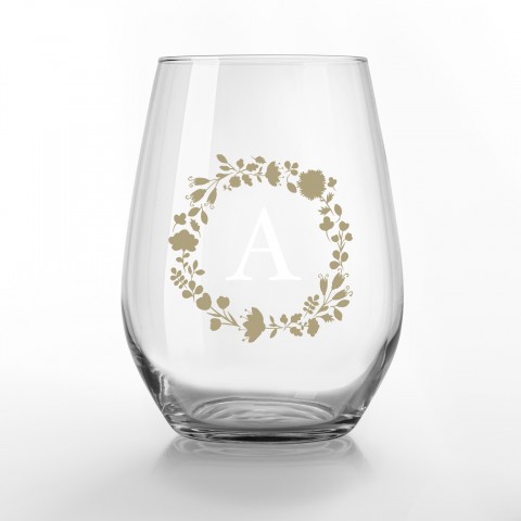 Floral Monogram Personalized 3.25 x 4.25 Printed Stemless Wine Glass