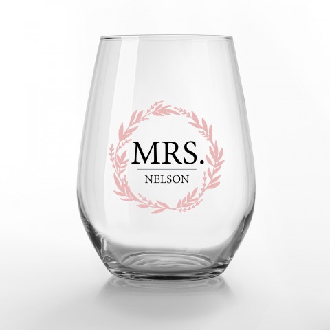 Mr Mrs Wreath Personalized 3.25 x 4.25 Printed Stemless Wine Glass