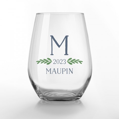 Leafy Established Monogram Personalized 3.25 x 4.25 Printed Stemless Wine Glass