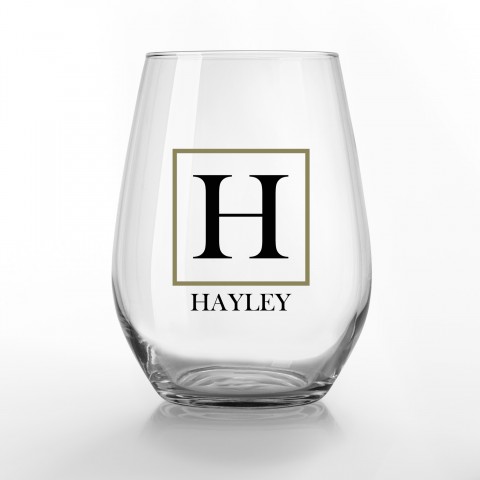 Simple Square Monogram Personalized 3.25 x 4.25 Printed Stemless Wine Glass