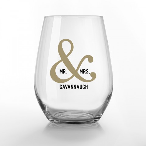 Mr and Mrs Ampersand Personalized 3.25 x 4.25 Printed Stemless Wine Glass