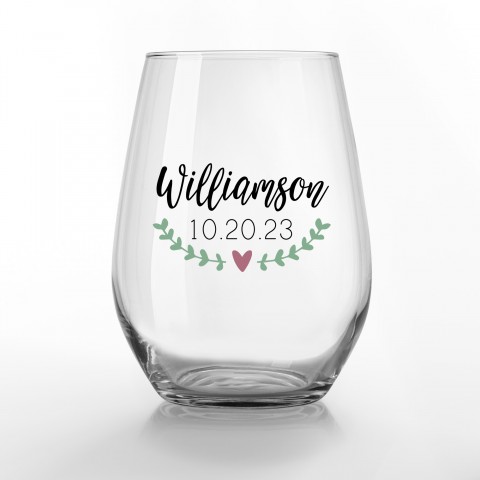 Last Name Laurel Personalized 3.25 x 4.25 Printed Stemless Wine Glass