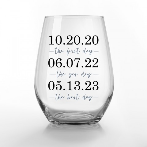 Important Dates Personalized 3.25 x 4.25 Printed Stemless Wine Glass