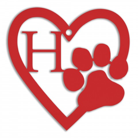 Pawprint Heart Monogram Personalized 4 x 4 Red Metal Ornament