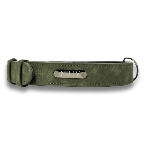 Naïve Bold Font Personalized 1.9 x 26.5 Green Leather Collar