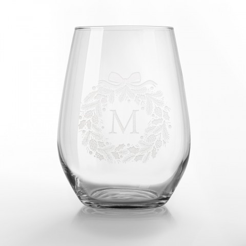 Pine Holiday Wreath Monogram Personalized 3.25 x 4.25 Engraved Stemless Wine Glass