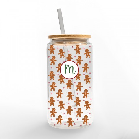 Gingerbread Monogram Personalized 3 x 5.8 Glass Can Cup