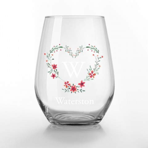 Floral Heart Monogram Personalized 3.25 x 4.25 Printed Stemless Wine Glass