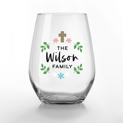 Cross and Flowers Personalized 3.25 x 4.25 Printed Stemless Wine Glass