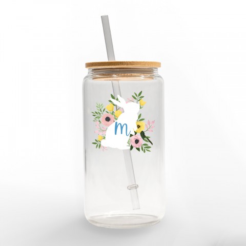 Floral Bunny Monogram Personalized 3 x 5.8 Glass Can Cup