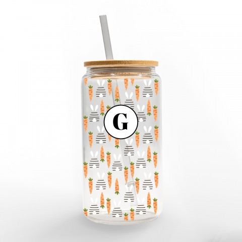 Bunnies and Carrots Pattern Monogram Personalized 3 x 5.8 Glass Can Cup