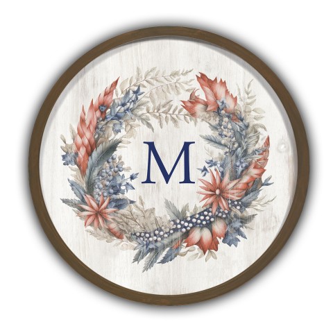 Red White and Blue Florals Monogram Personalized 20 x 20 Round Brown Framed Print