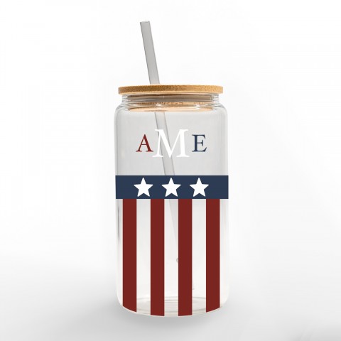 Stars and Stripes Monogram Personalized 3 x 5.8 Glass Can Cup
