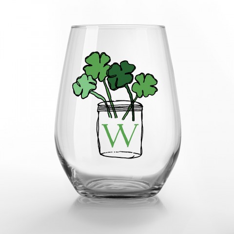 Clover Mason Jar Monogram Personalized 3.25 x 4.25 Printed Stemless Wine Glass Set of 2