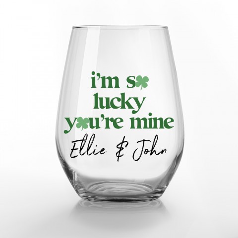 So Lucky You're Mine Personalized 3.25 x 4.25 Printed Stemless Wine Glass Set of 2