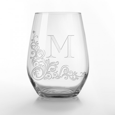 Emerald Flourish Monogram Personalized 3.25 x 4.25 Engraved Stemless Wine Glass