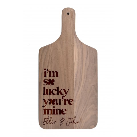 So Lucky You're Mine Personalized 8 x 17 Walnut Paddle Cutting Board