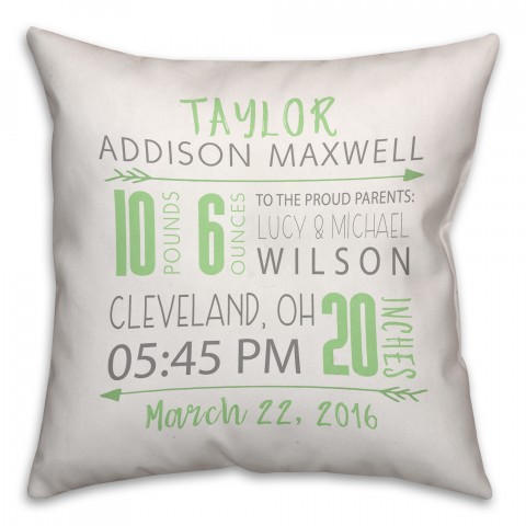 Green Birth Announcement 16x16 Throw Pillow Front