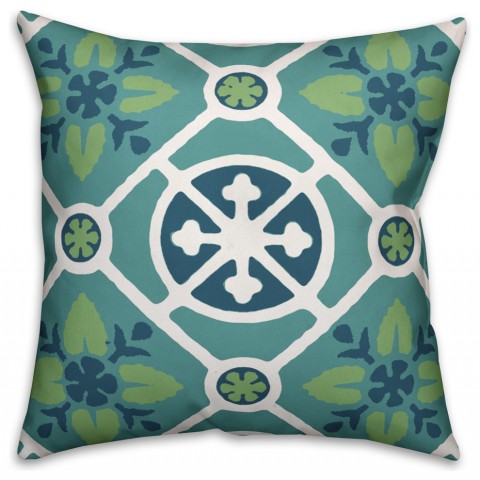 Blue and Green Floral Print  Outdoor Throw Pillow