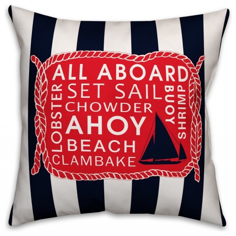All Aboard Navy Stripes  Outdoor Coastal Throw Pillow