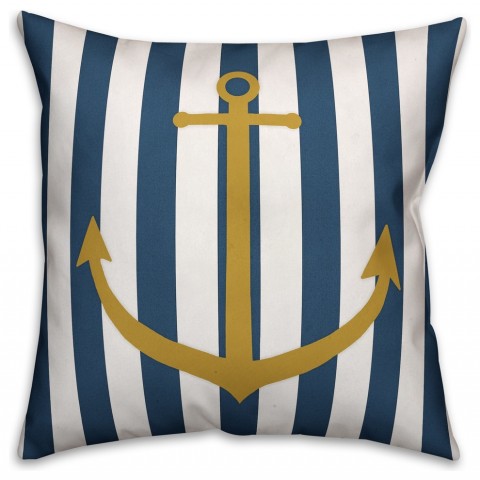 Nautical Gold Anchor Blue Striped  Outdoor Coastal Throw Pillow