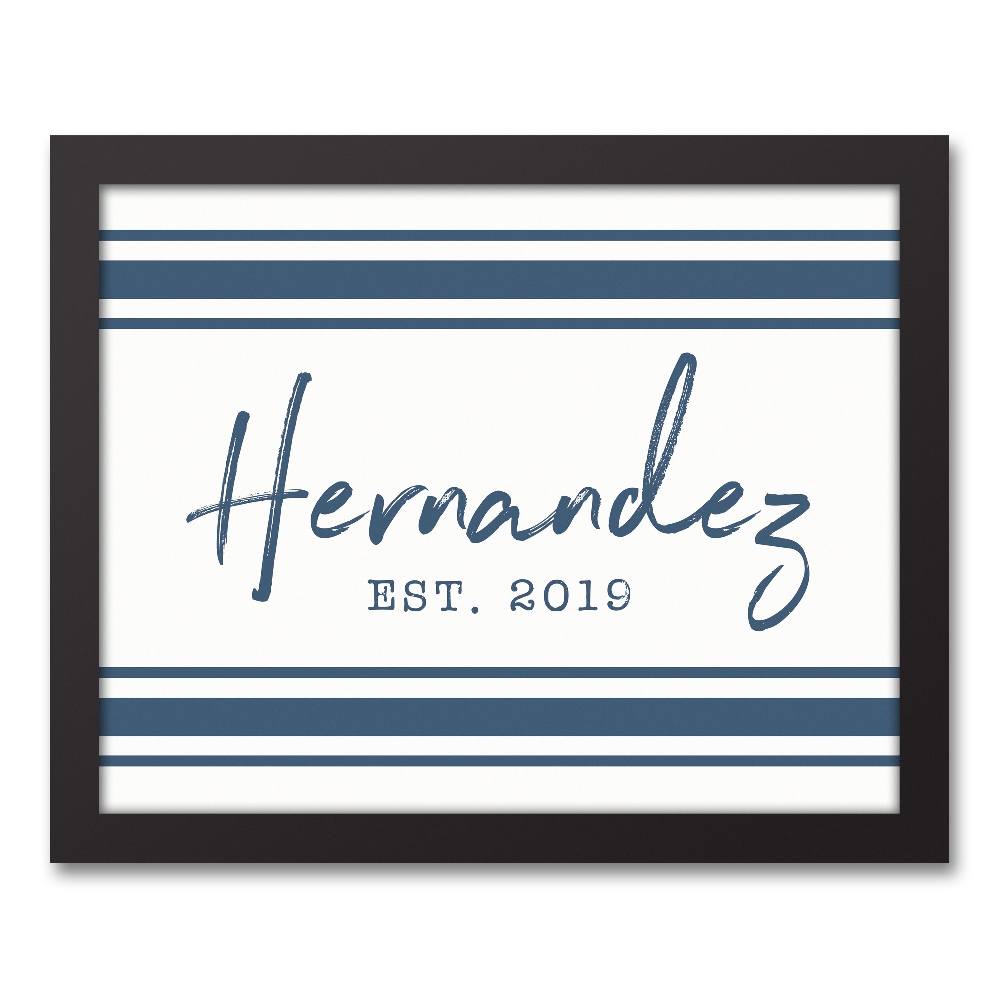 Blue Farmhouse Stripes Last Name 11x14 Personalized Black Framed Canvas