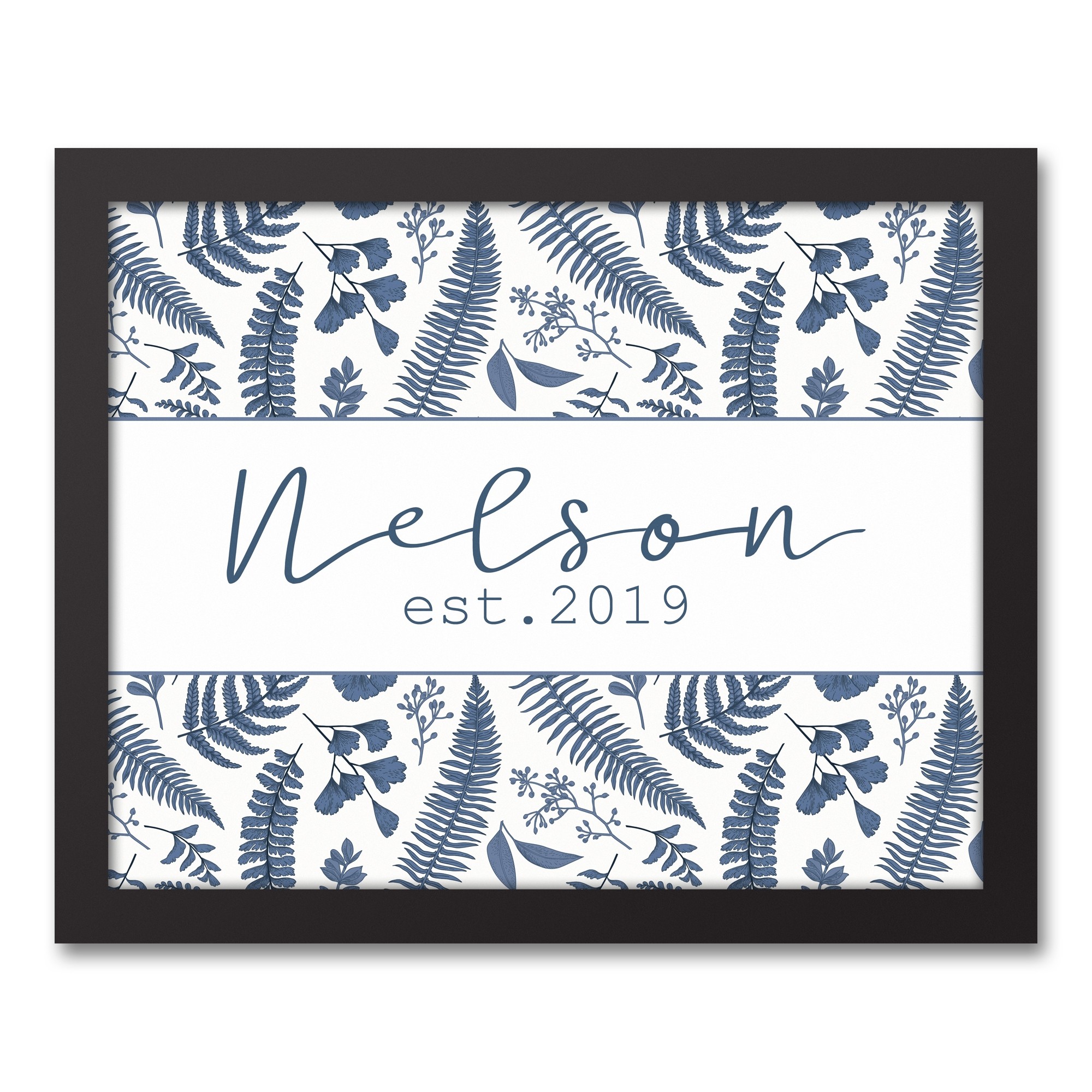 Blue Ferns Last Name 11x14 Personalized Black Framed Canvas