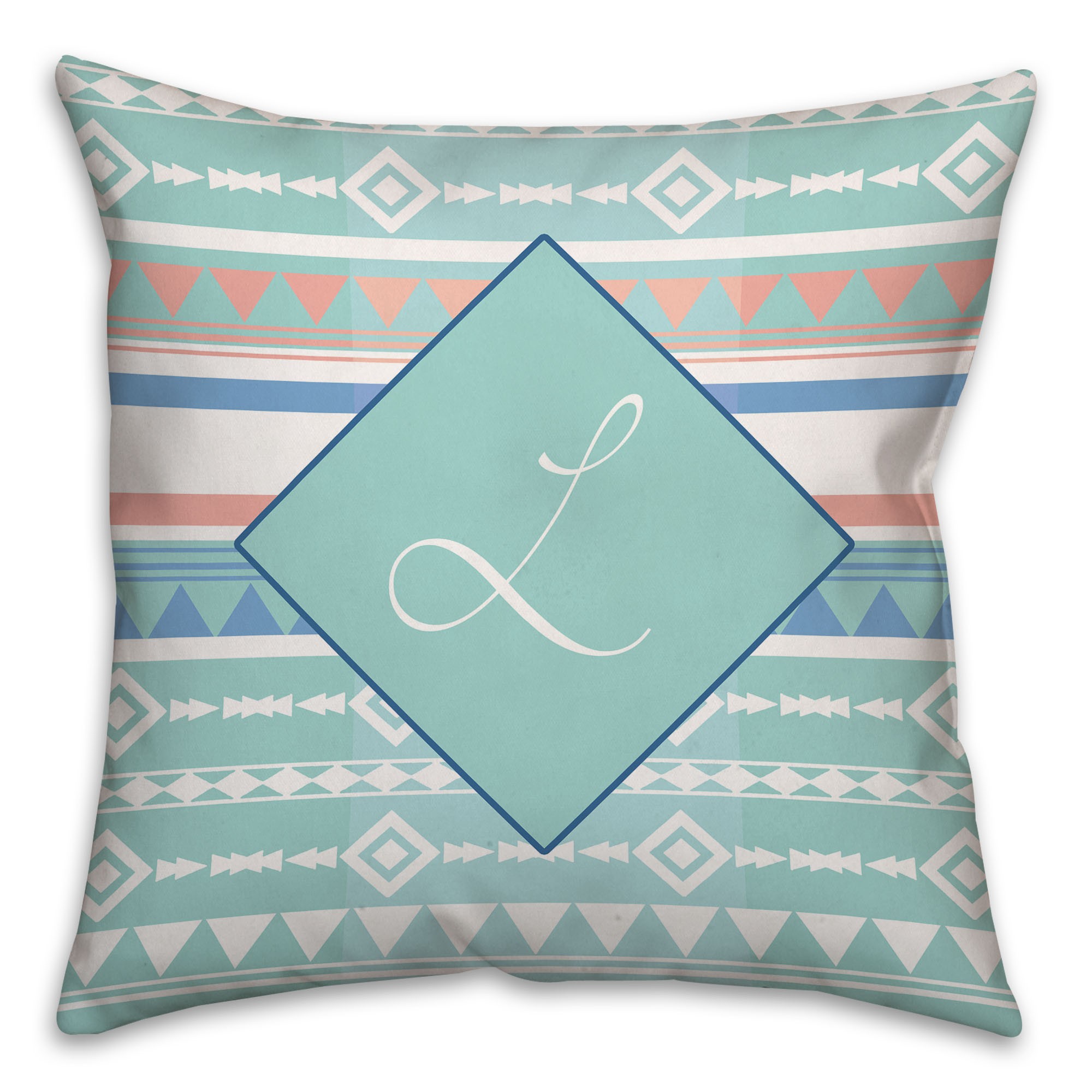 Mint and Coral Boho Tribal Custom 16x16 Monogram Spun Polyester Throw Pillow
