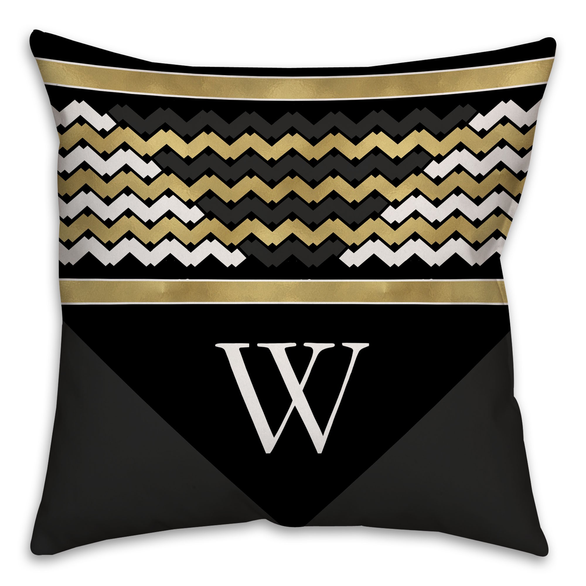Black White and Gold Chevron Stack 18x18 Monogram Spun Polyester Throw Pillow