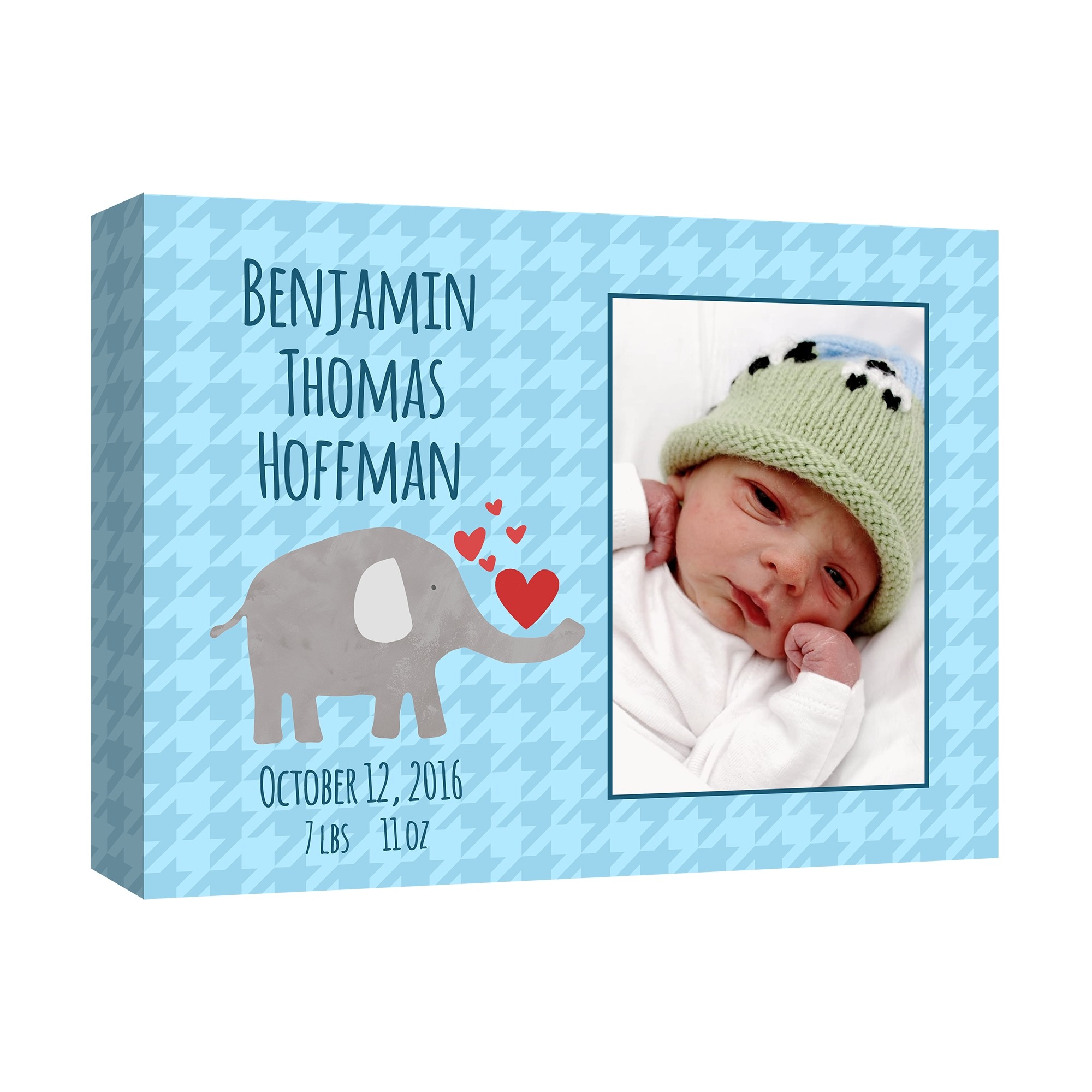 Blue Elephant Birth Announcement 14x11 Custom Canvas Wall Art