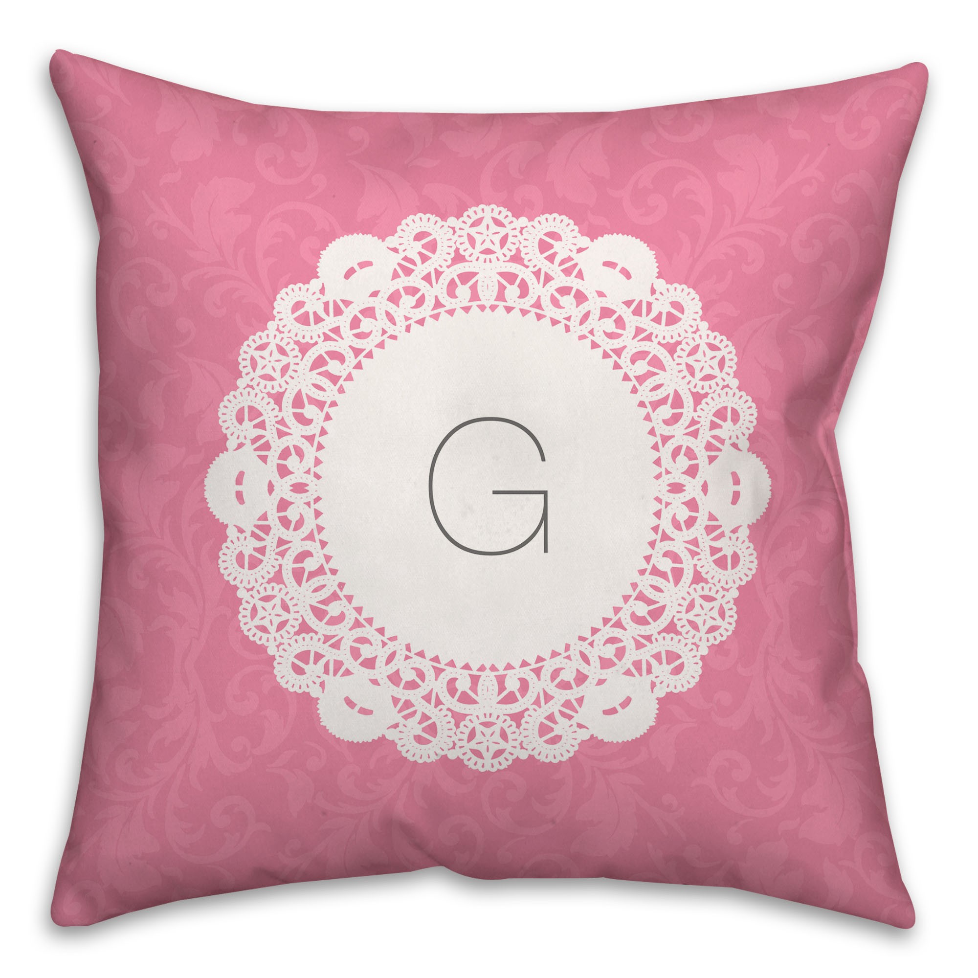 Pink Doily Monogram 16x16 Custom Throw Pillow Front