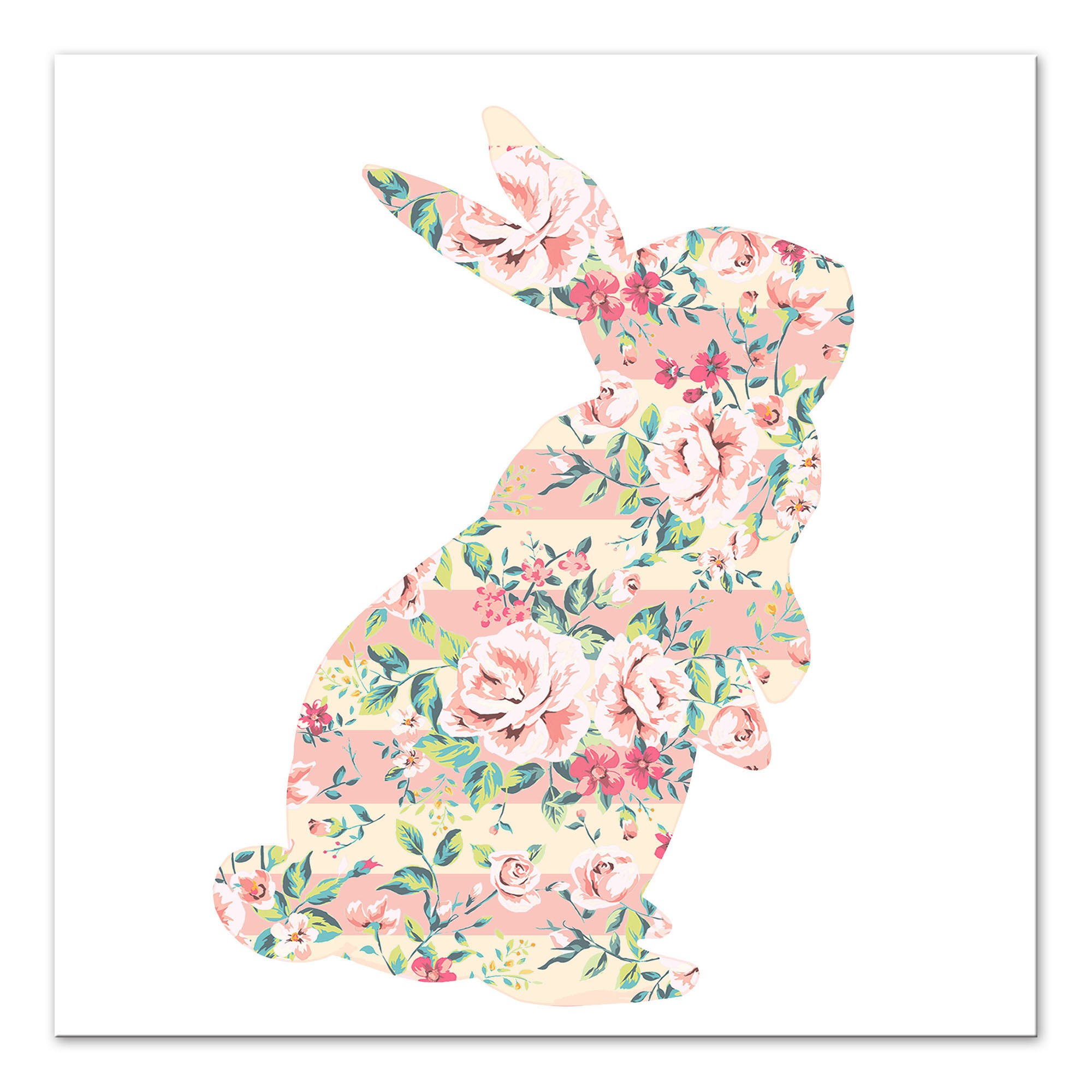 Pink Striped Rose Blossom Curious Rabbit 16x16 Canvas Wall Art 