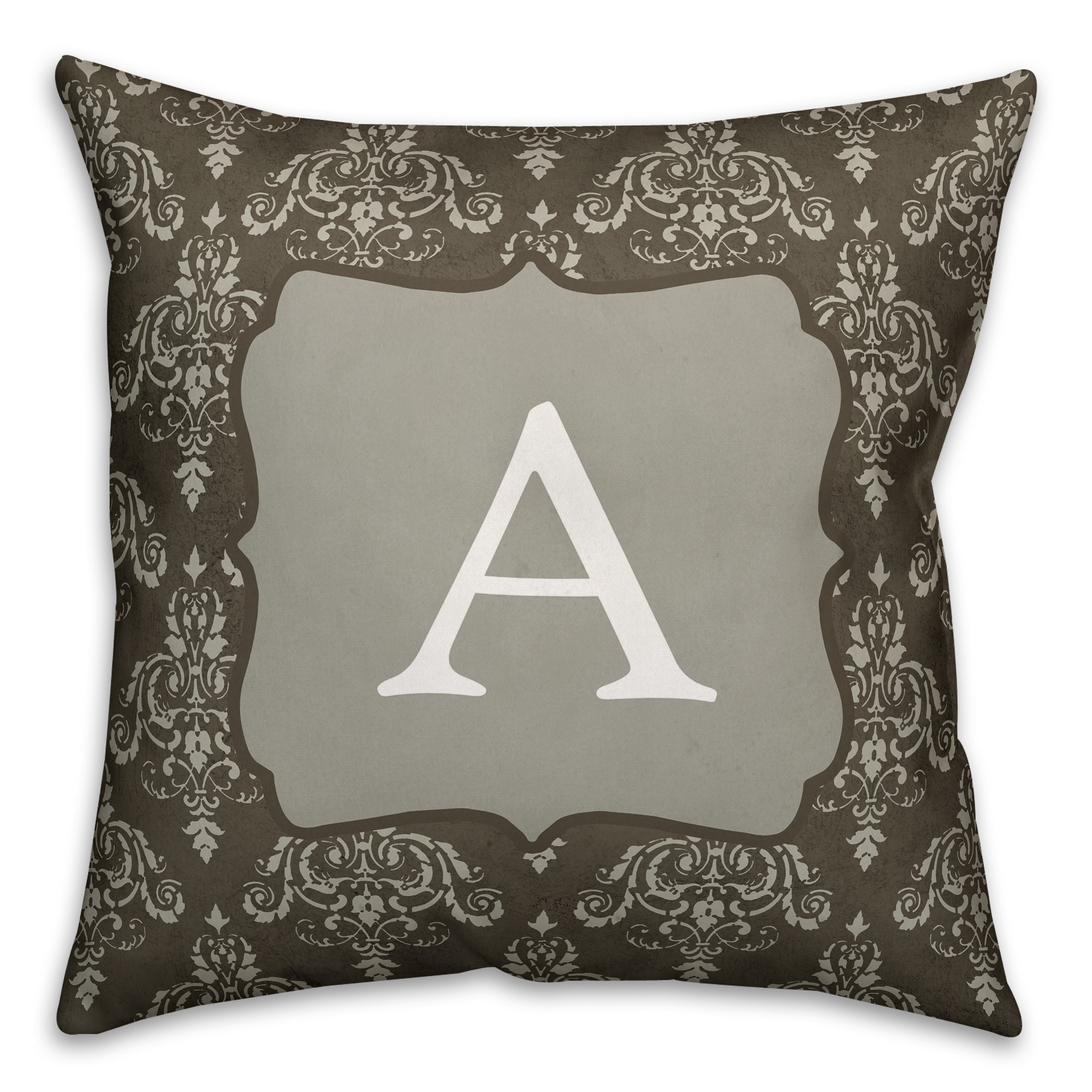 Dark Gray Damask Monogram Pillow