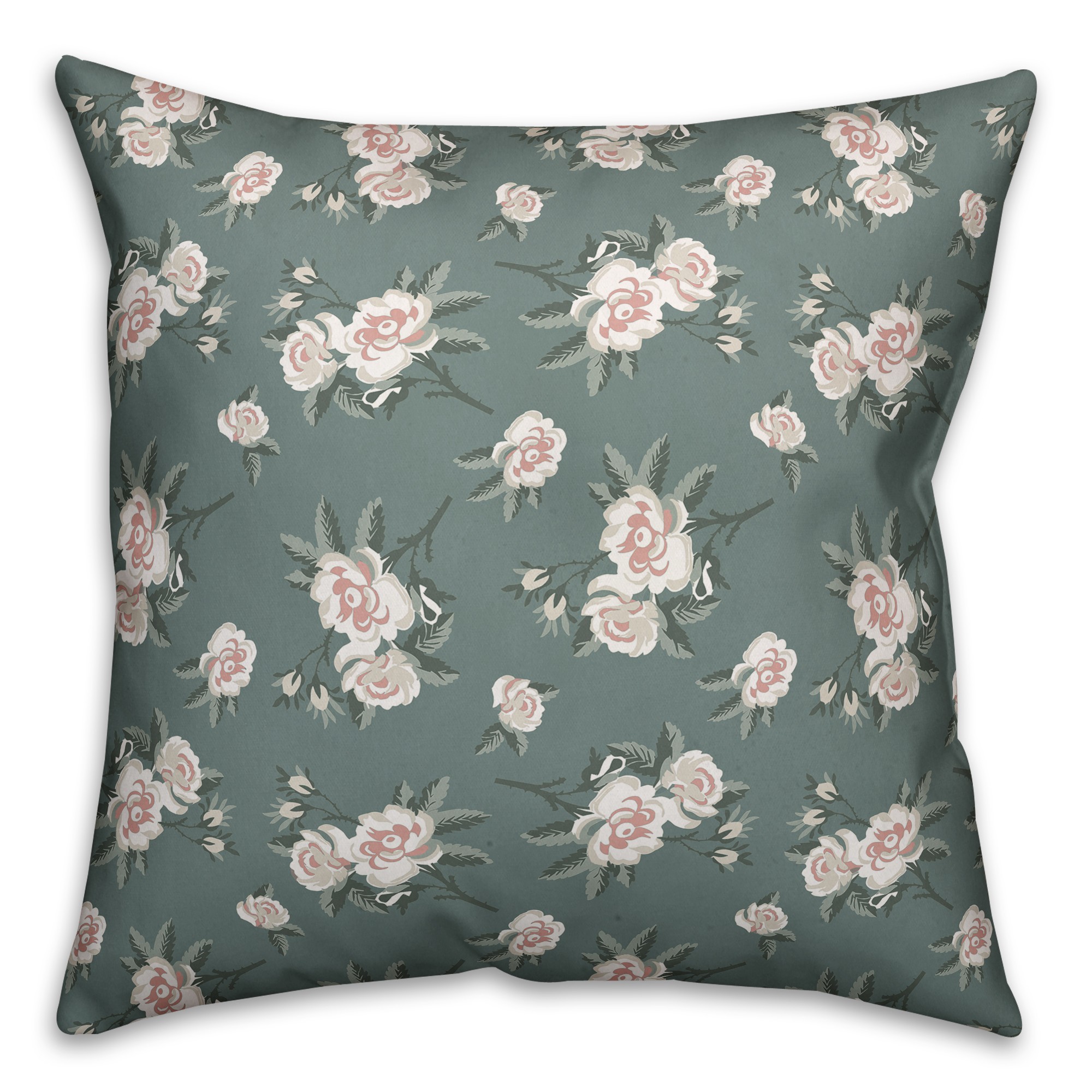 Peach Peony on Sage Ground 18x18 Faux Suede Throw Pillow Front