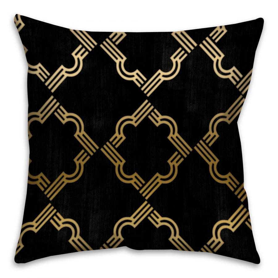 Black And Gold Quatrefoil Spun Polyester Throw Pillow