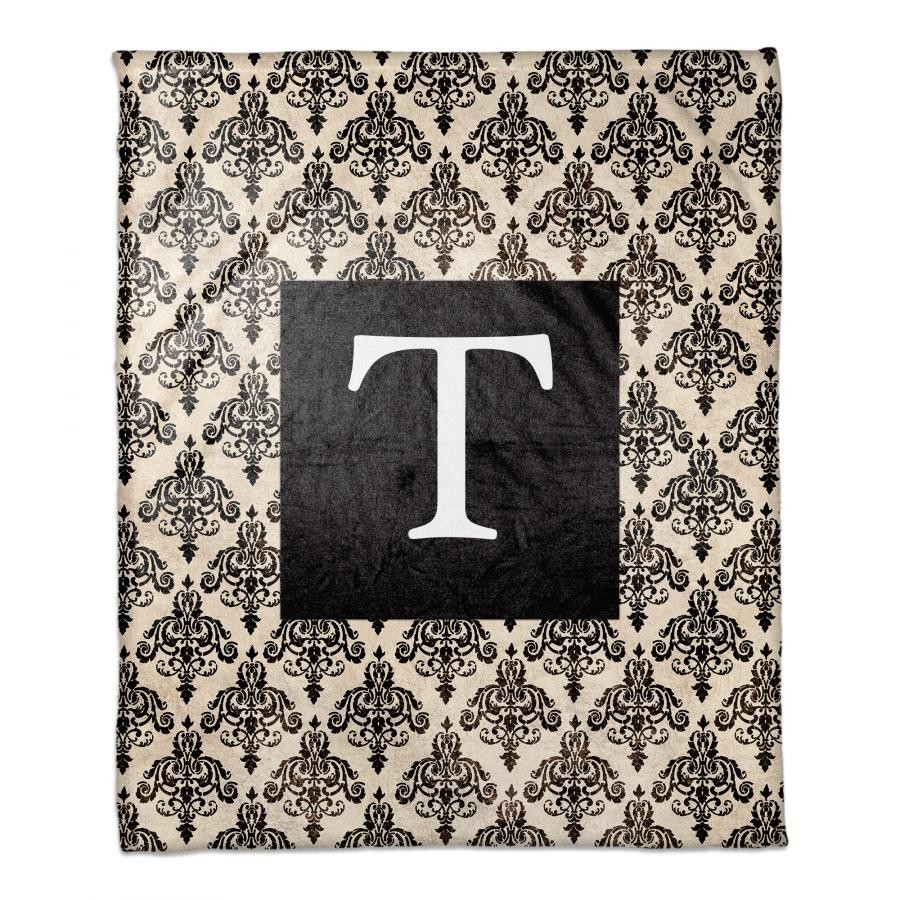 Black Damask Personalized Monogram Coral Fleece Blanket – 50x60