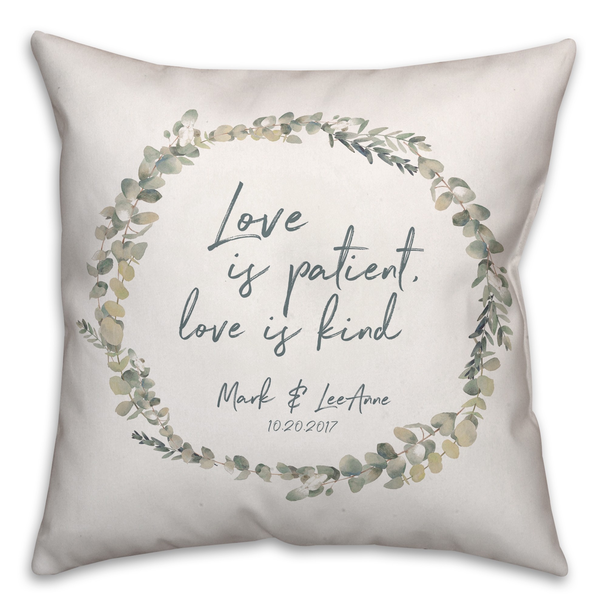 Personalized Name and Date Love is Patient Wreath 18x18 Personalized Spun Poly Pillow