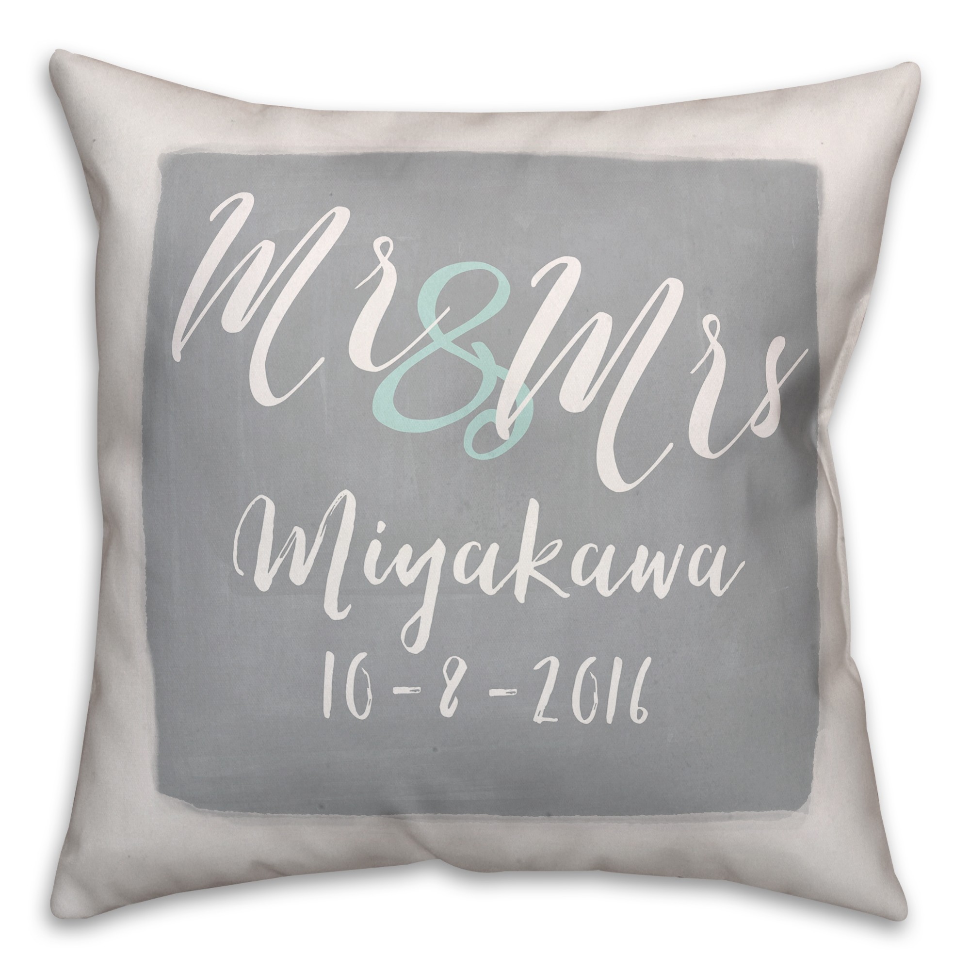 Personalized Name and Date Gray Mr. & Mrs. 18x18 Personalized Spun Poly Pillow