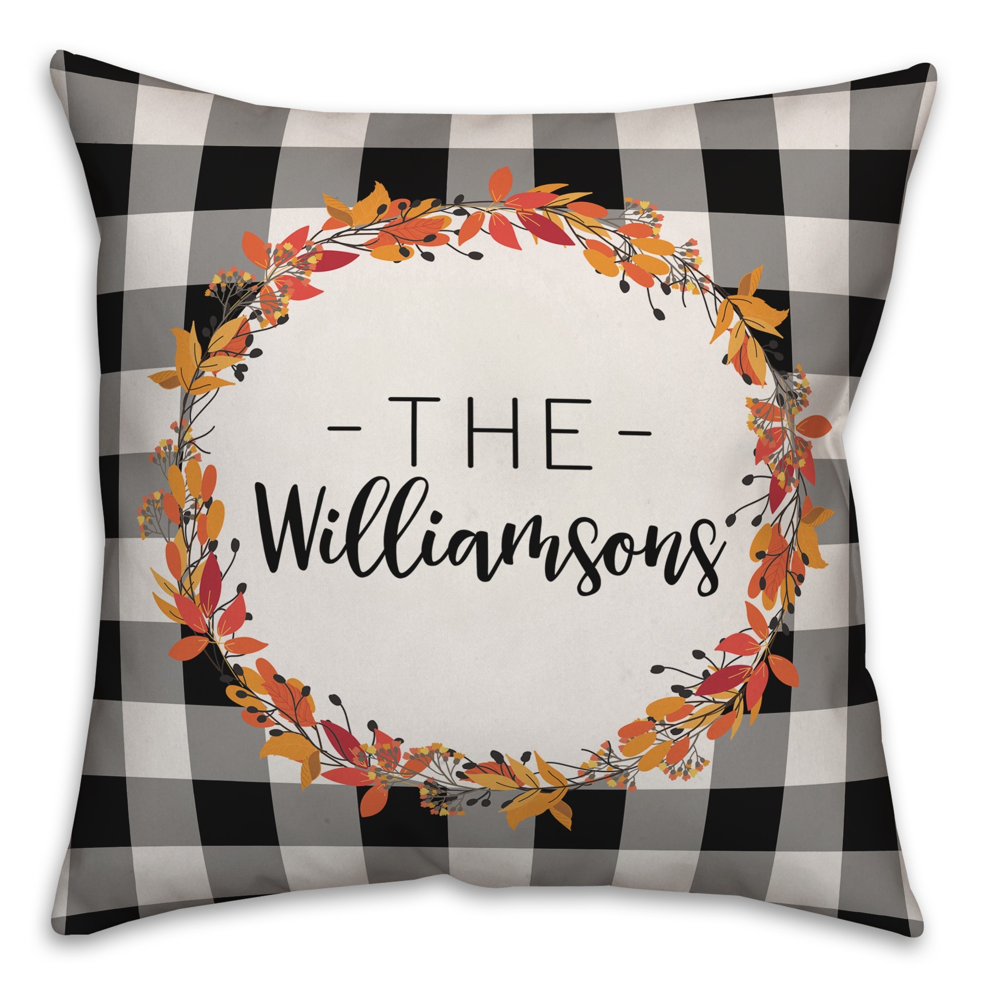 Personalized Fall Wreath Buffalo Check Pillow