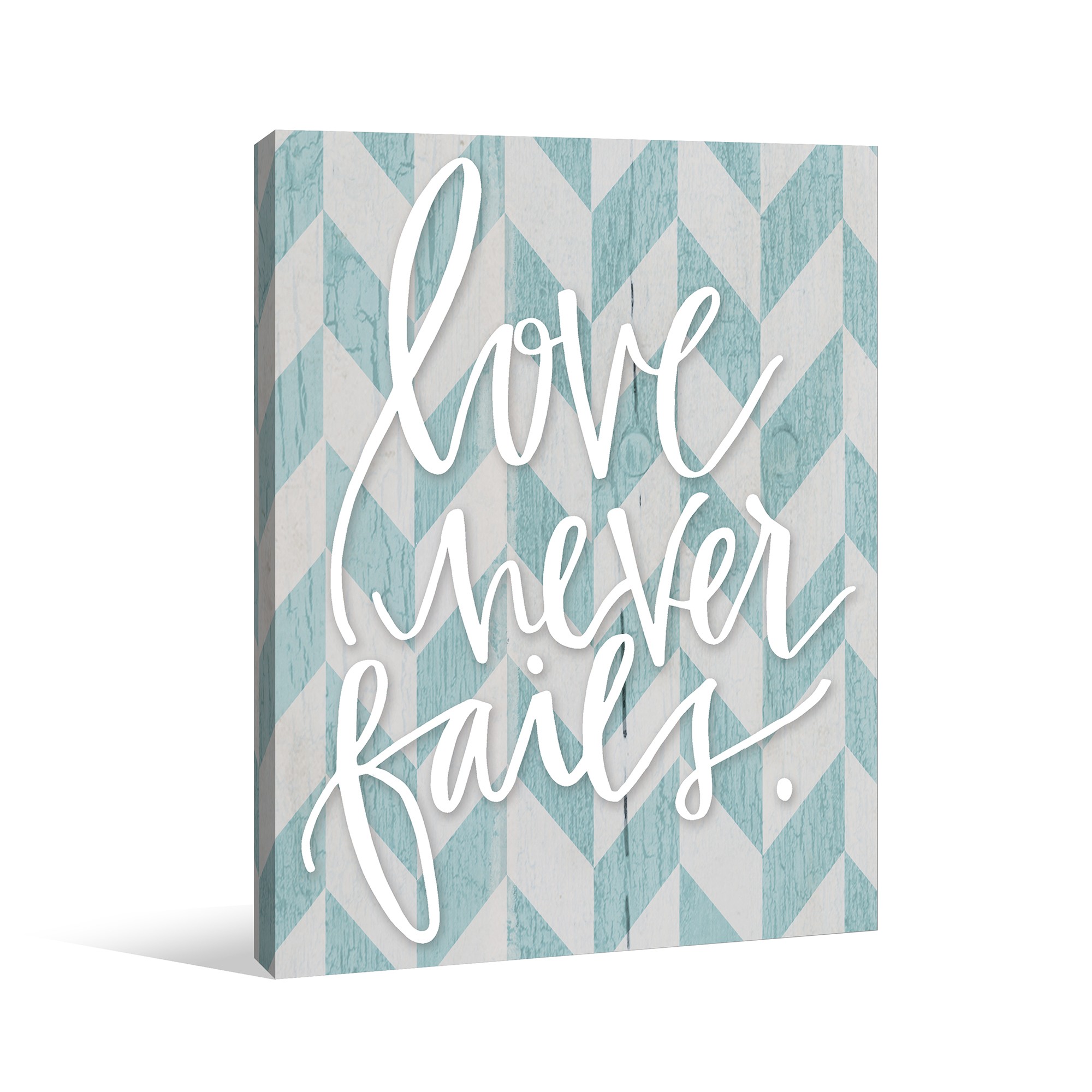 Love Never Fails Blue Herringbone Canvas Wall Art 