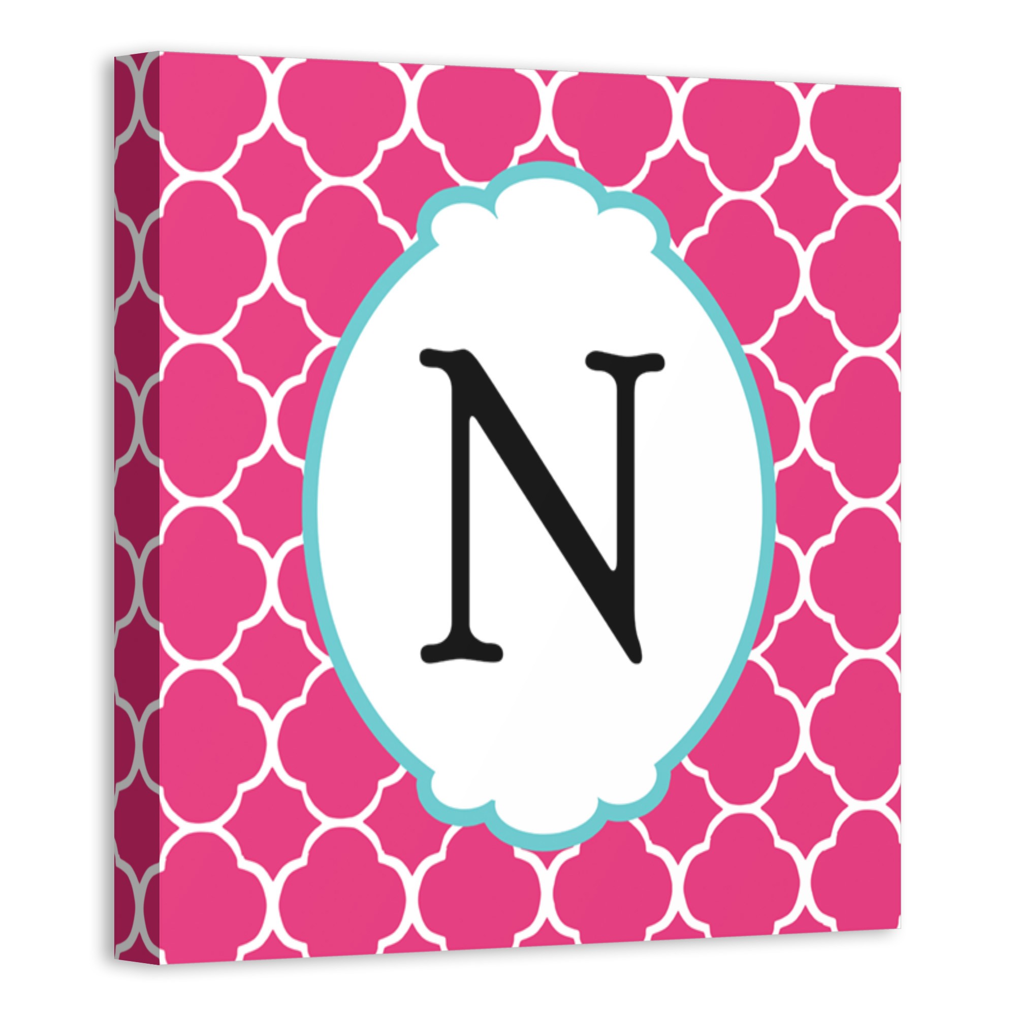 Pink Juvie Quatrefoil Monogram 12x12 Personalized Canvas Wall Art