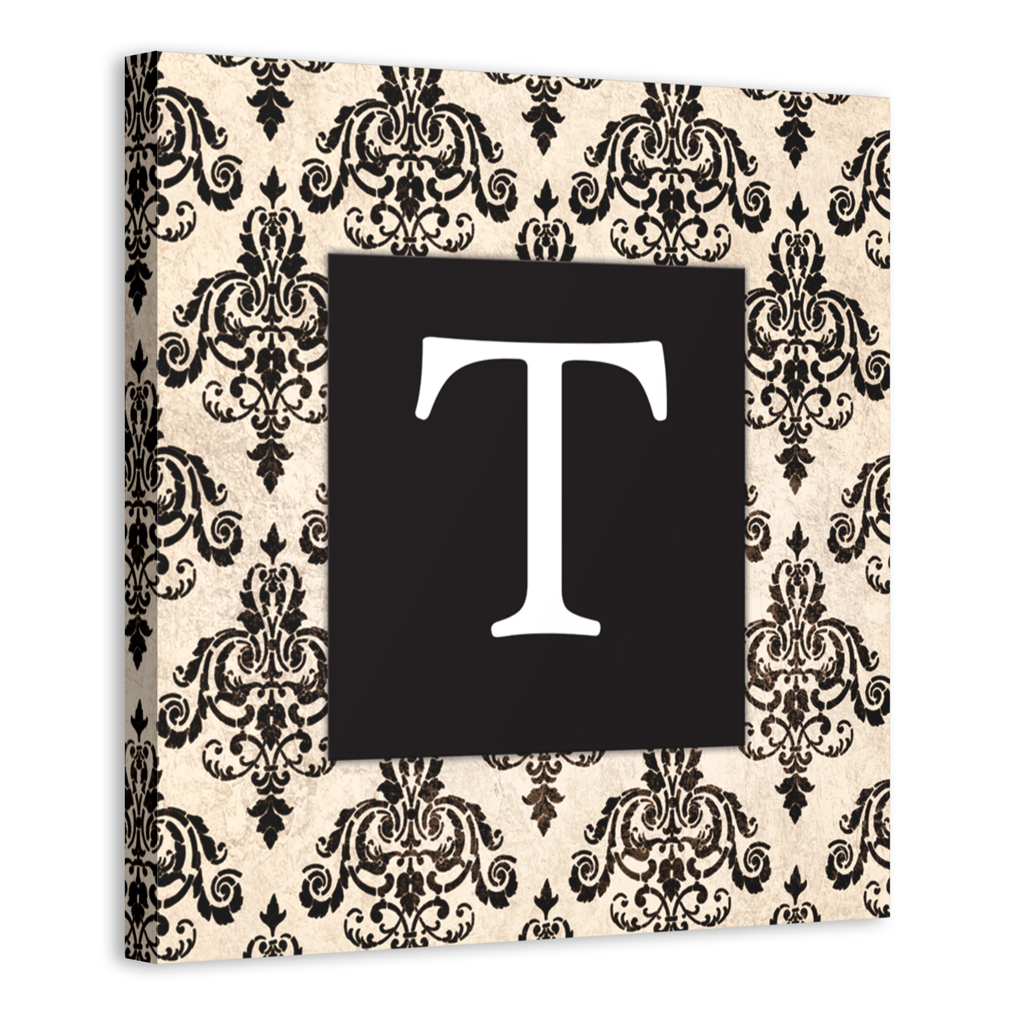 Black Damask Monogram 16x16 Personalized Canvas Wall Art 