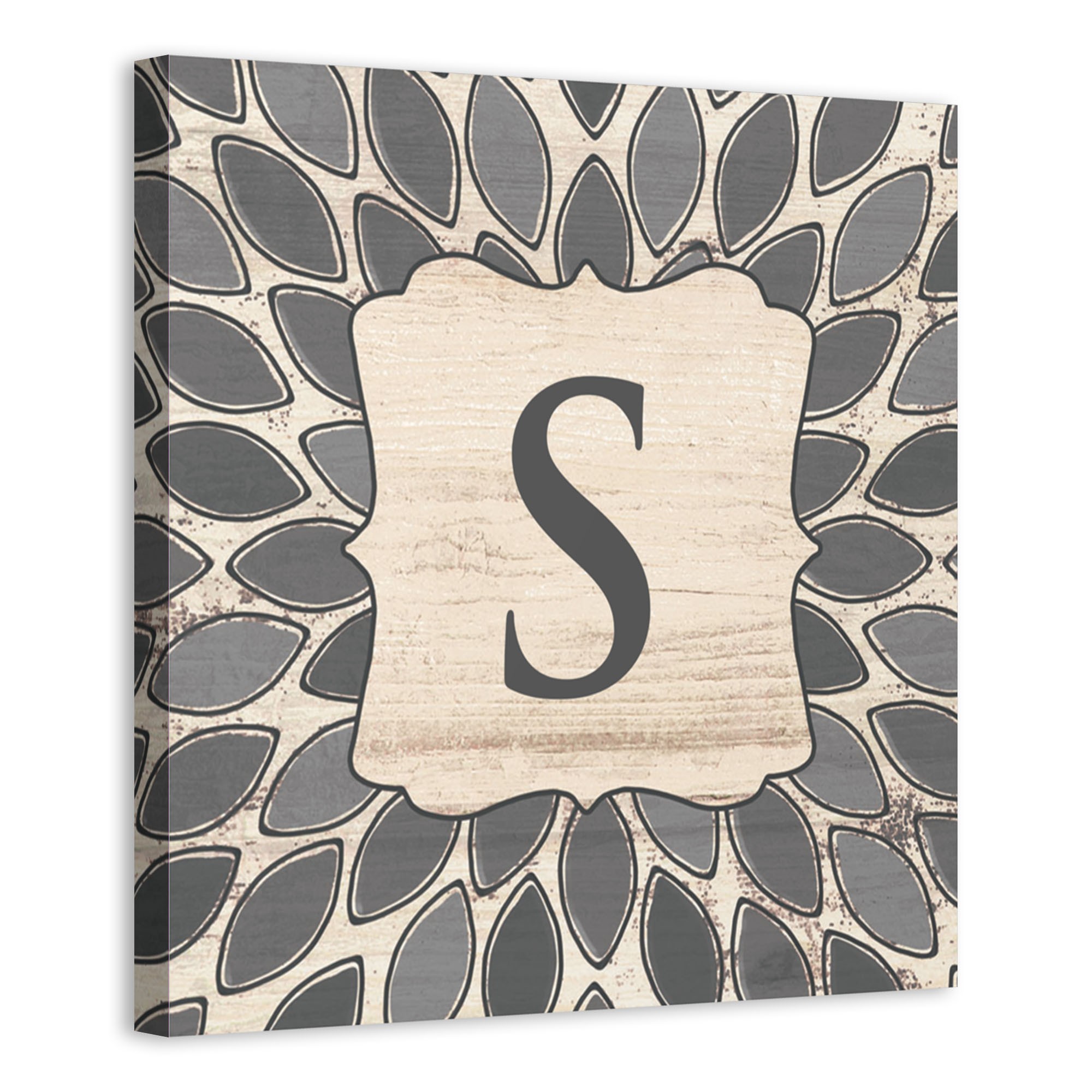 Gray Leafies Monogram 16x16 Personalized Canvas Wall Art