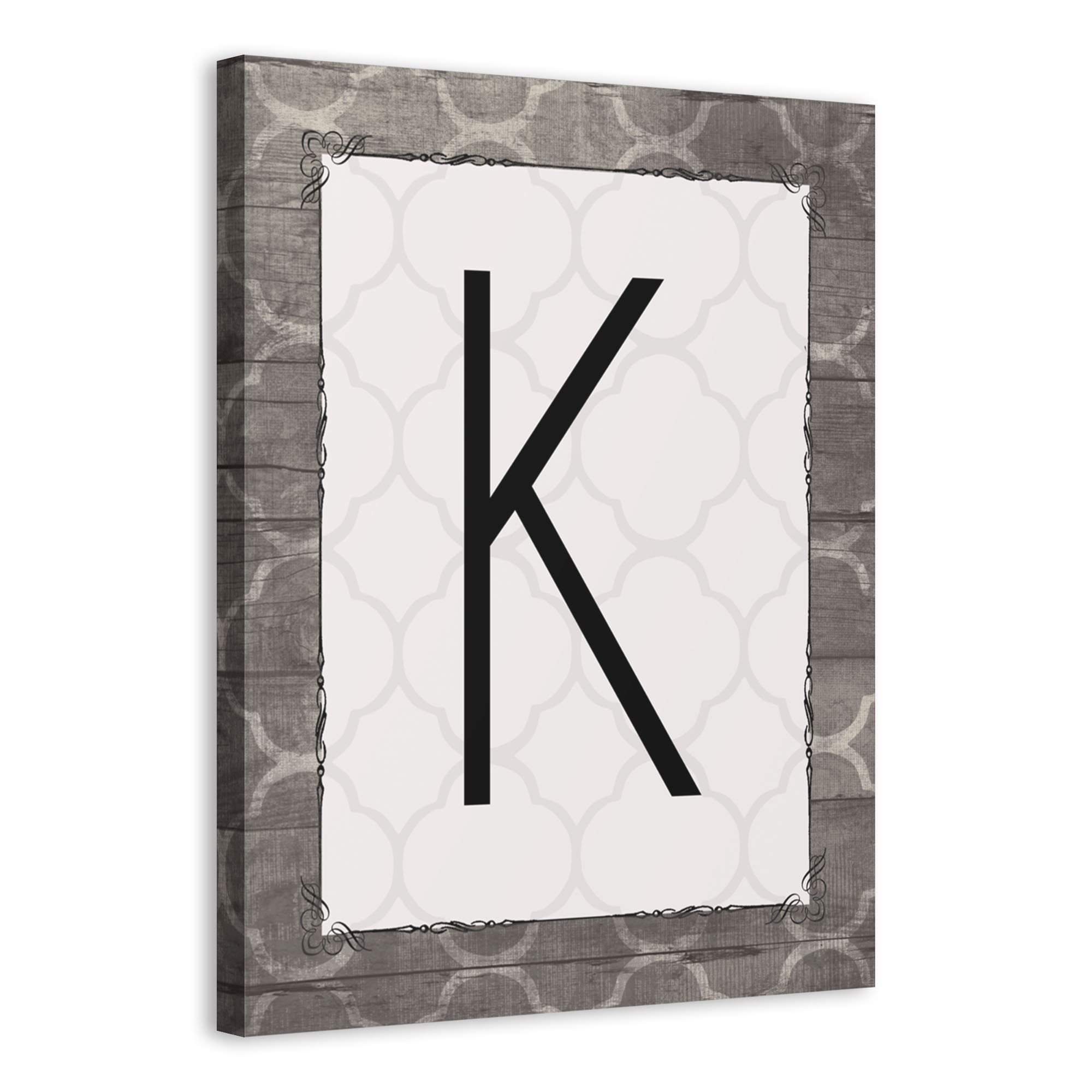 Wood Greige Quatrefoil Monogram 16x20 Personalized Canvas Wall Art 