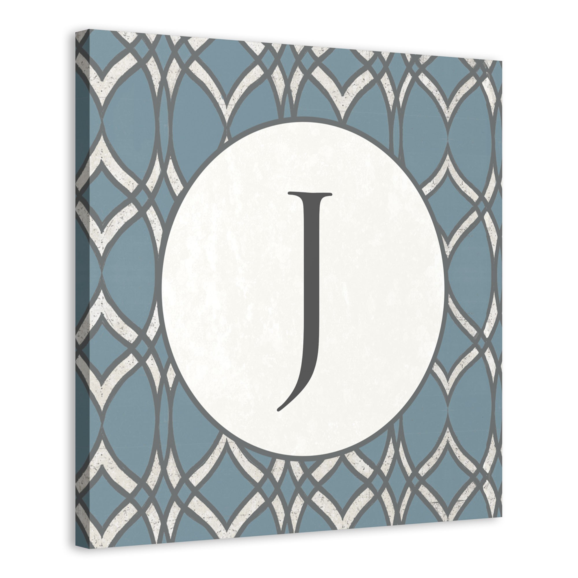 Blue White Geo Monogram 20x20 Personalized Canvas Wall Art
